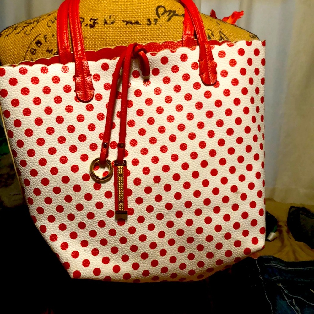 White with red polkadots purse